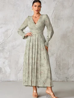 Long Sleeve Mesh Maxi Dress, Neutral Floral