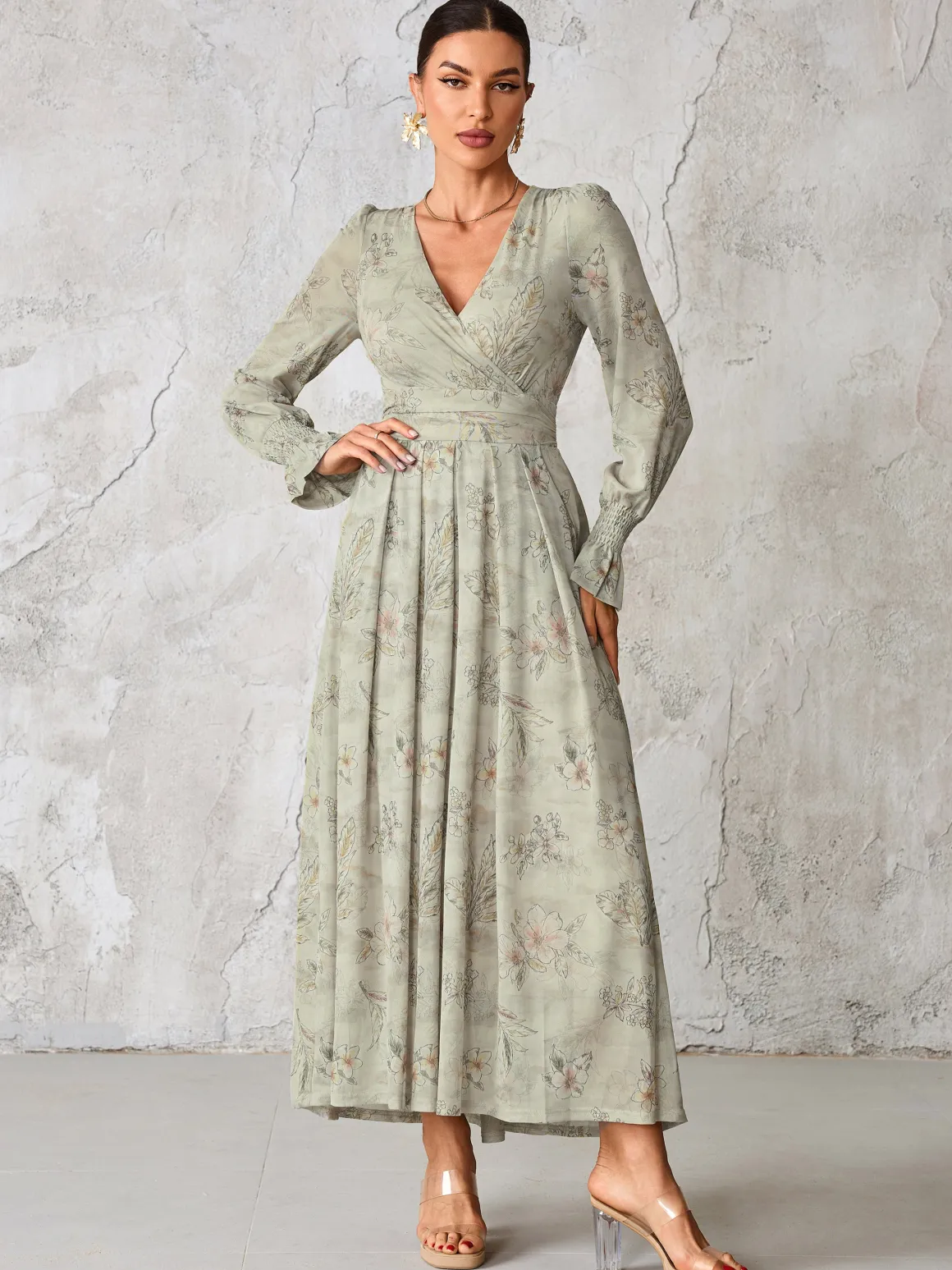 Long Sleeve Mesh Maxi Dress, Neutral Floral