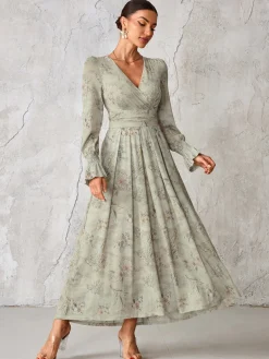 Long Sleeve Mesh Maxi Dress, Neutral Floral
