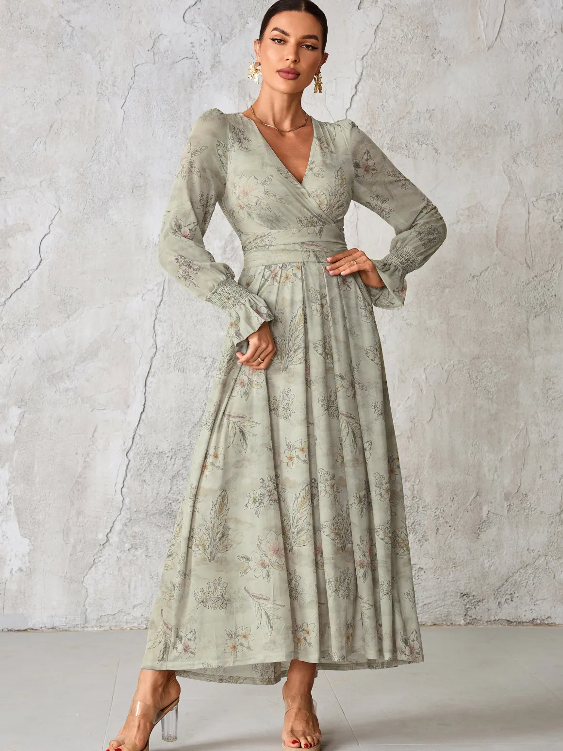 Long Sleeve Mesh Maxi Dress, Neutral Floral