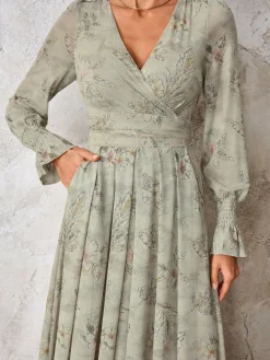 Long Sleeve Mesh Maxi Dress, Neutral Floral