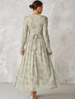Long Sleeve Mesh Maxi Dress, Neutral Floral