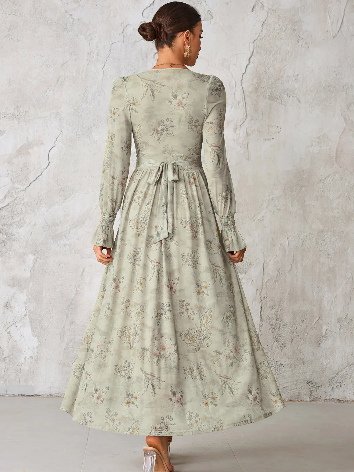 Long Sleeve Mesh Maxi Dress, Neutral Floral
