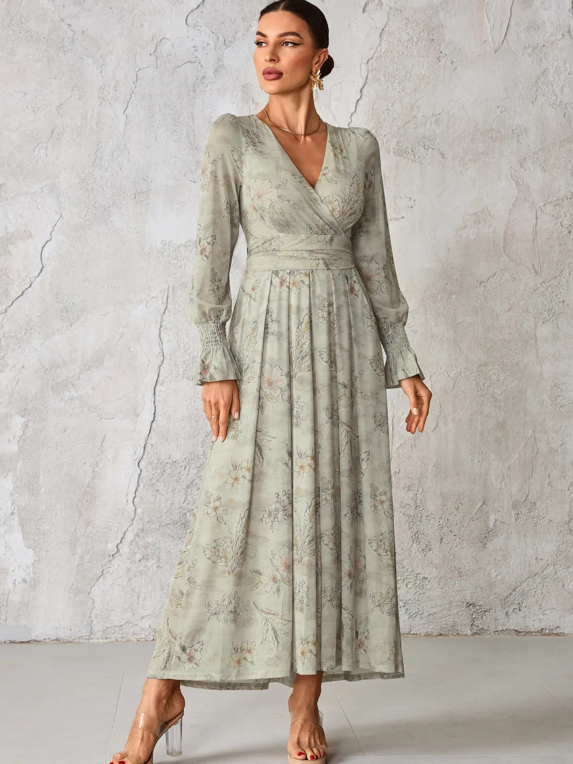 Long Sleeve Mesh Maxi Dress, Neutral Floral