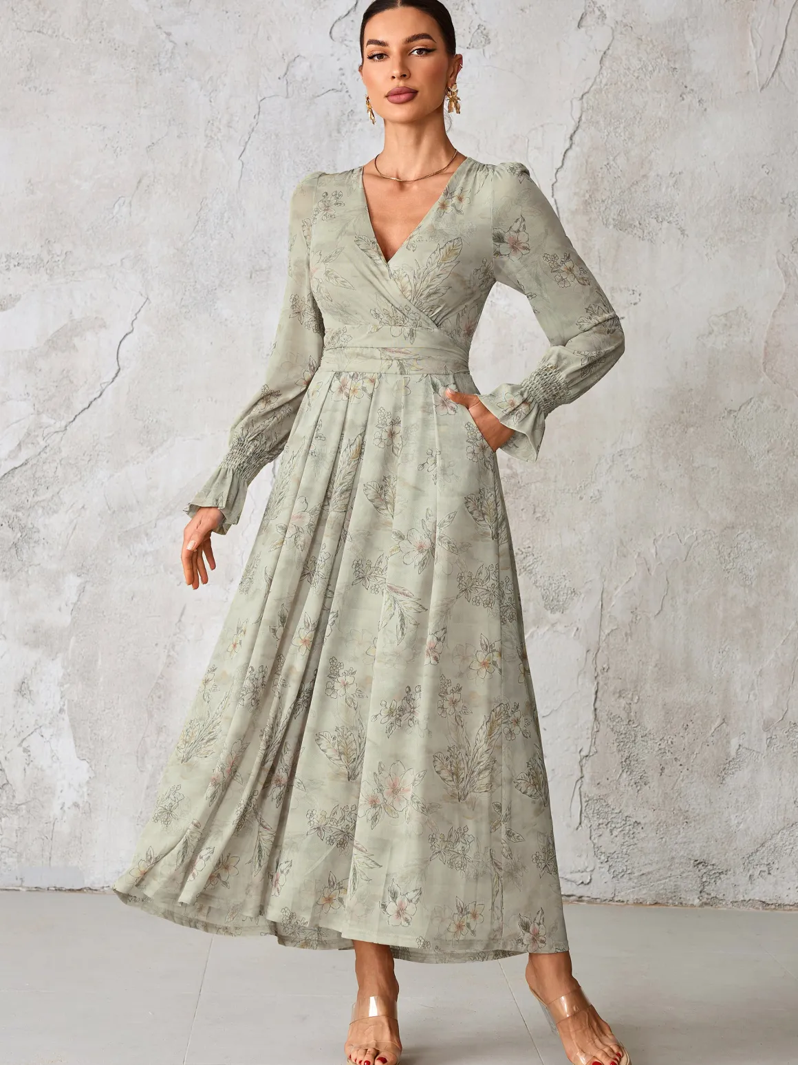 Long Sleeve Mesh Maxi Dress, Neutral Floral