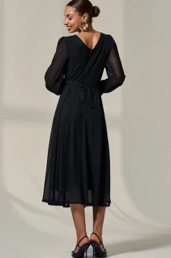 Long Sleeve Mesh Midi Dress, Black