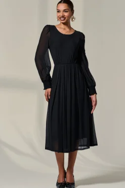 Long Sleeve Mesh Midi Dress, Black