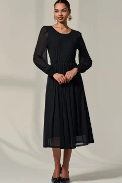 Long Sleeve Mesh Midi Dress, Black