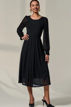 Long Sleeve Mesh Midi Dress, Black