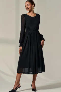 Long Sleeve Mesh Midi Dress, Black