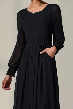 Long Sleeve Mesh Midi Dress, Black