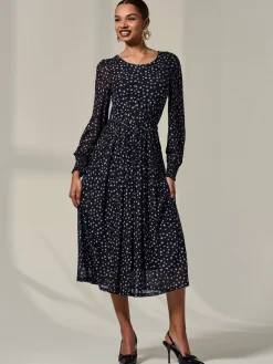 Long Sleeve Mesh Midi Dress, Black Polka
