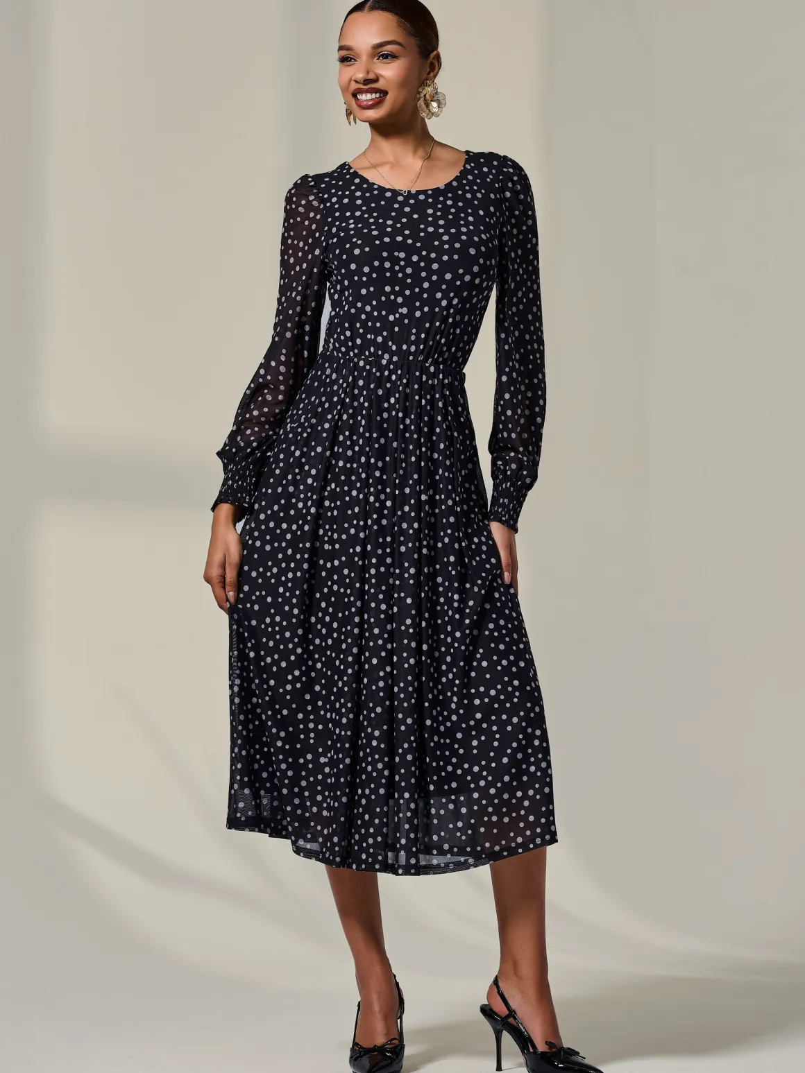 Long Sleeve Mesh Midi Dress, Black Polka