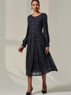 Long Sleeve Mesh Midi Dress, Black Polka