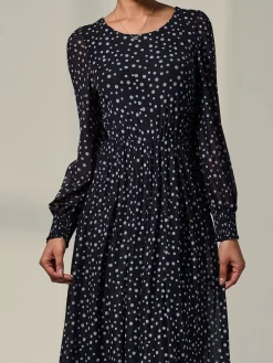 Long Sleeve Mesh Midi Dress, Black Polka