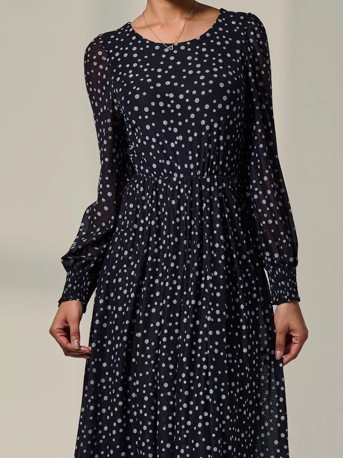 Long Sleeve Mesh Midi Dress, Black Polka