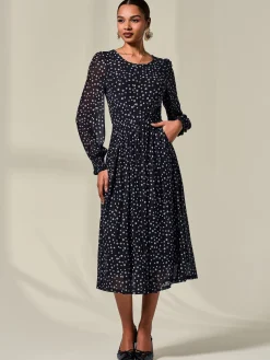 Long Sleeve Mesh Midi Dress, Black Polka
