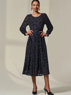 Long Sleeve Mesh Midi Dress, Black Polka