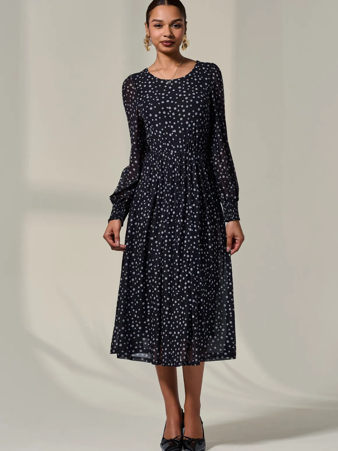Long Sleeve Mesh Midi Dress, Black Polka