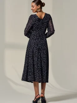 Long Sleeve Mesh Midi Dress, Black Polka