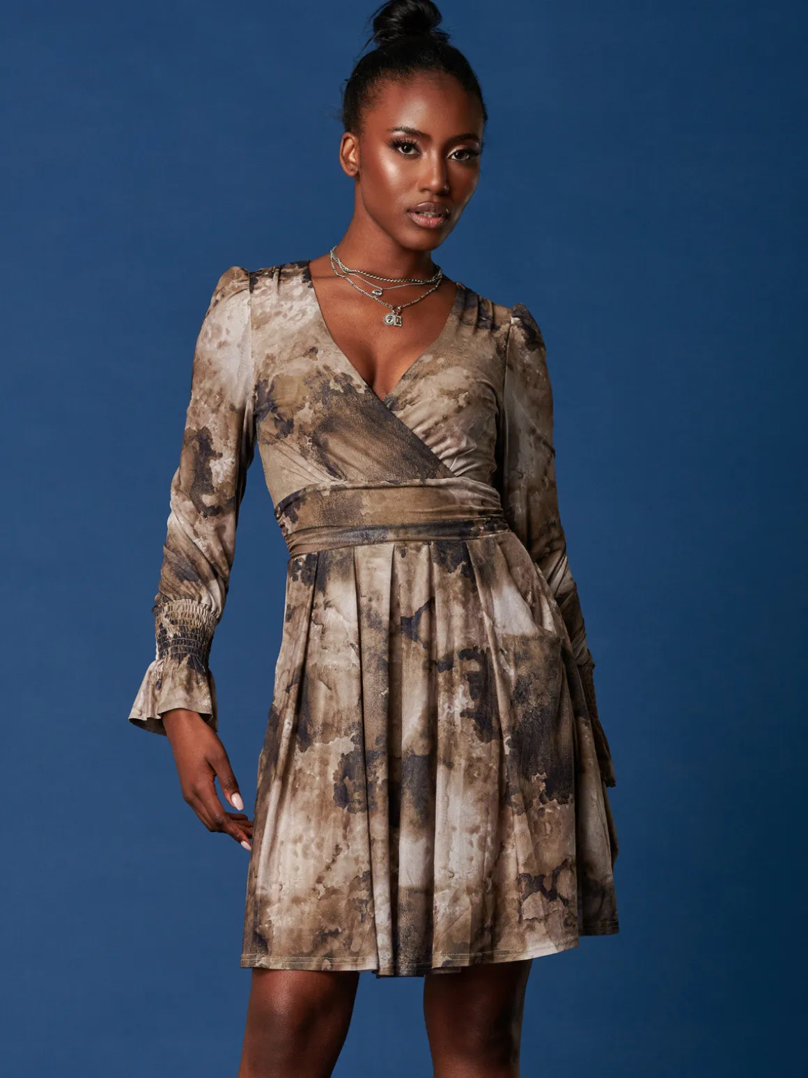 Long Sleeve Mesh Skater Dress, Abstract Multi