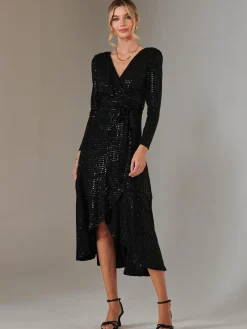 Long Sleeve Metallic Spot Maxi Dress, Black