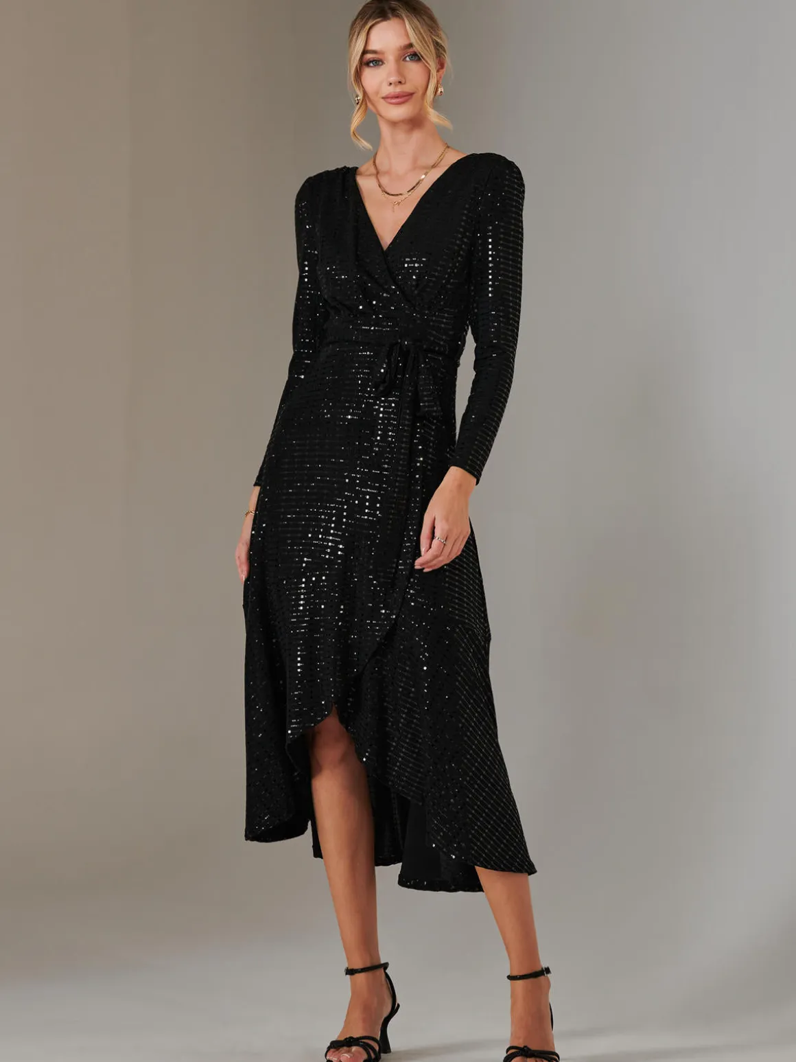 Long Sleeve Metallic Spot Maxi Dress, Black