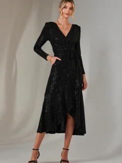 Long Sleeve Metallic Spot Maxi Dress, Black