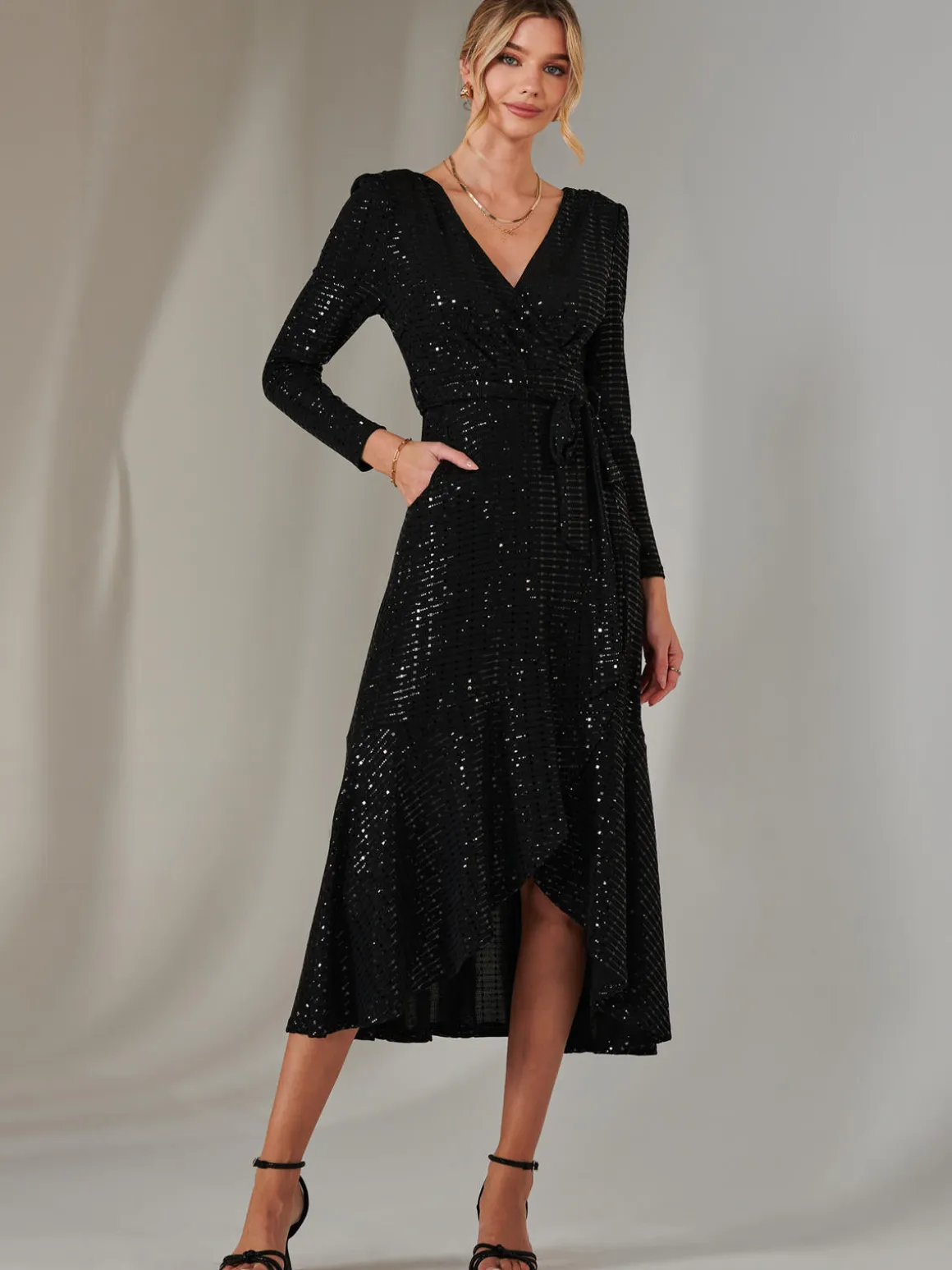 Long Sleeve Metallic Spot Maxi Dress, Black