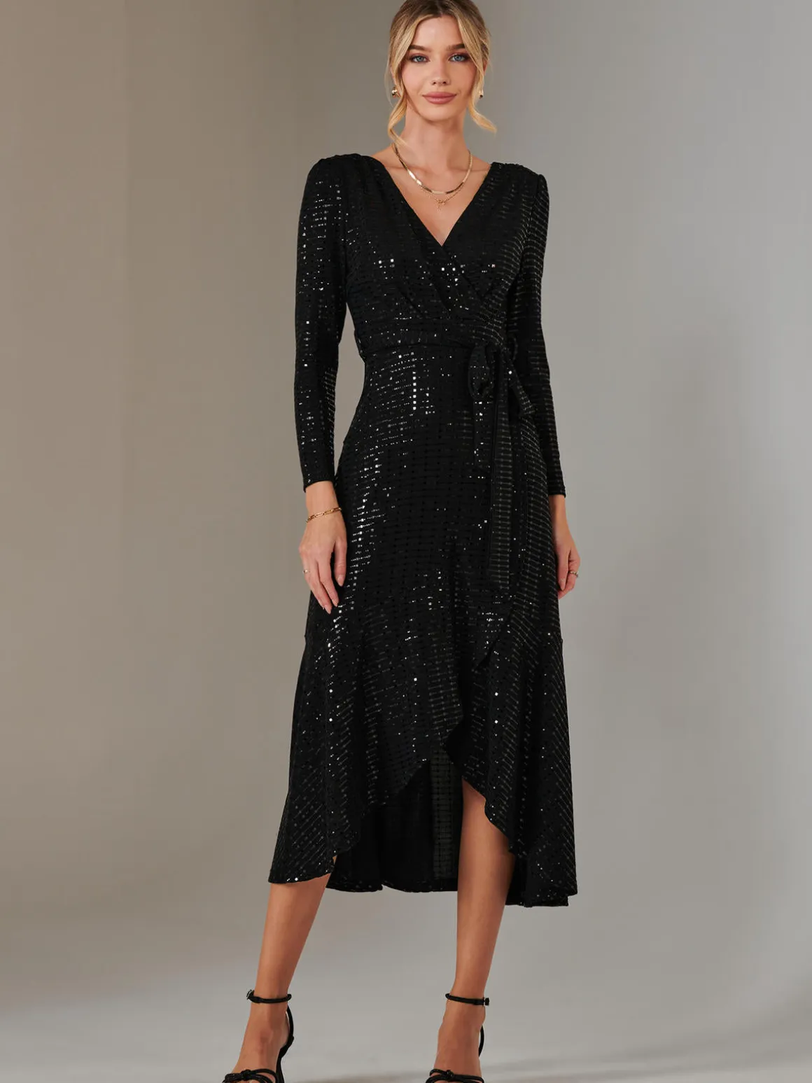 Long Sleeve Metallic Spot Maxi Dress, Black
