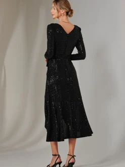 Long Sleeve Metallic Spot Maxi Dress, Black