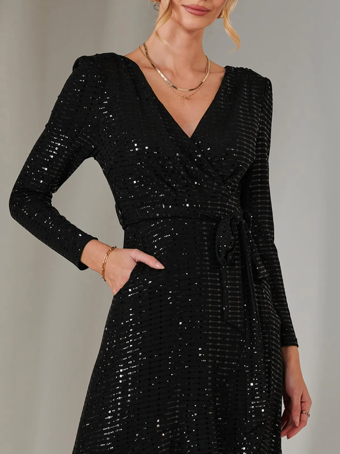 Long Sleeve Metallic Spot Maxi Dress, Black
