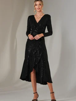 Long Sleeve Metallic Spot Maxi Dress, Black