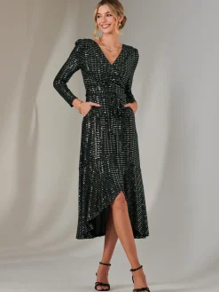 Long Sleeve Metallic Spot Maxi Dress, Black Green