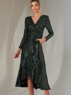 Long Sleeve Metallic Spot Maxi Dress, Black Green