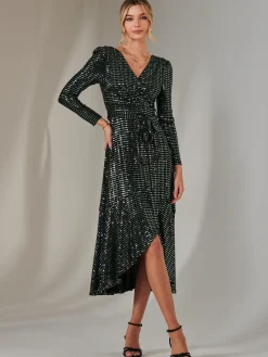 Long Sleeve Metallic Spot Maxi Dress, Black Green