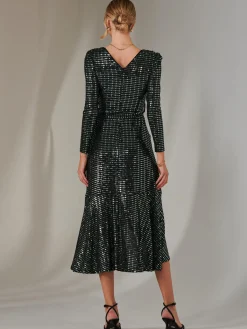 Long Sleeve Metallic Spot Maxi Dress, Black Green