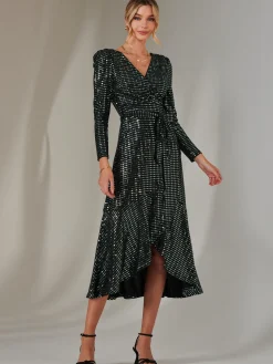 Long Sleeve Metallic Spot Maxi Dress, Black Green