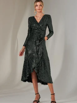 Long Sleeve Metallic Spot Maxi Dress, Black Green