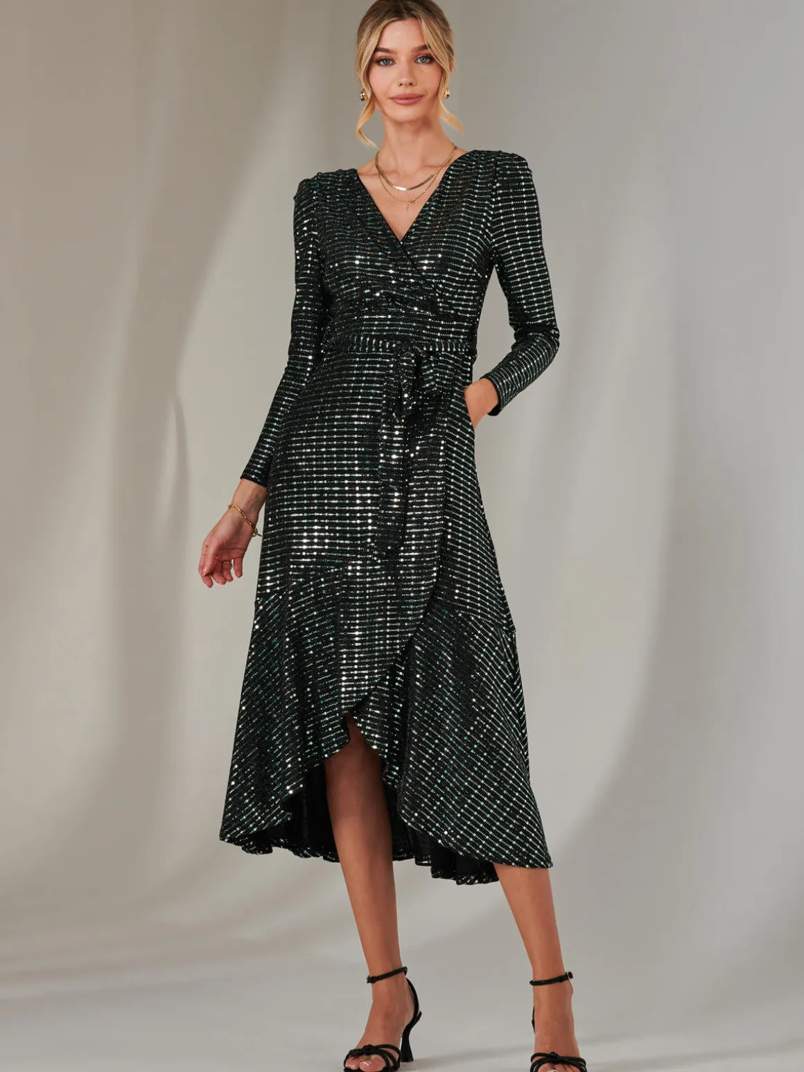 Long Sleeve Metallic Spot Maxi Dress, Black Green