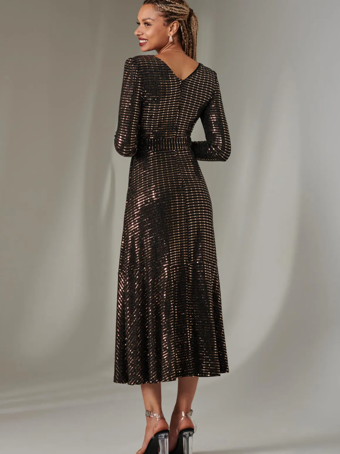 Long Sleeve Metallic Spot Maxi Dress, Black Rose Gold