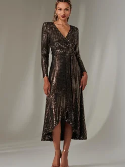Long Sleeve Metallic Spot Maxi Dress, Black Rose Gold