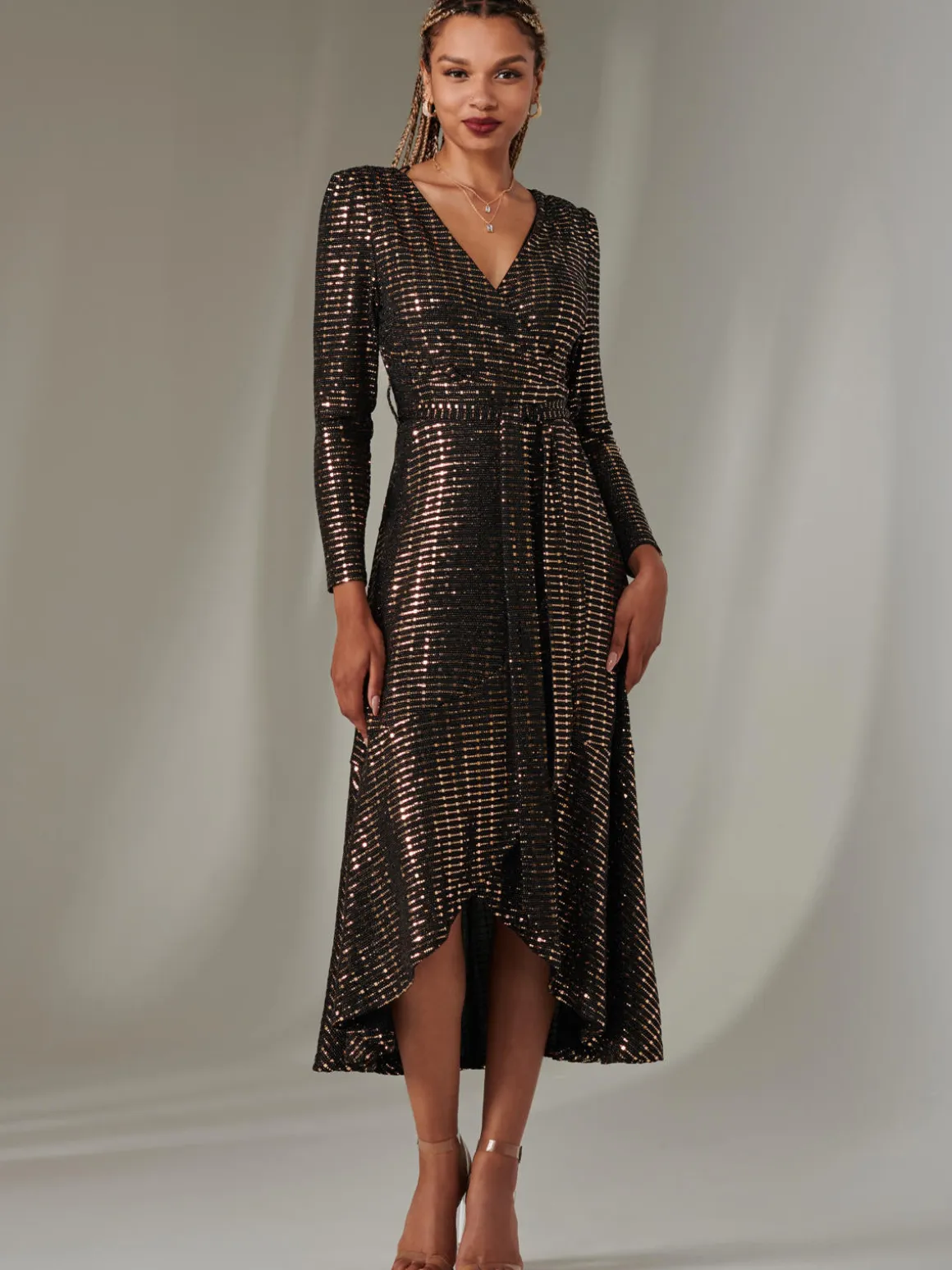 Long Sleeve Metallic Spot Maxi Dress, Black Rose Gold