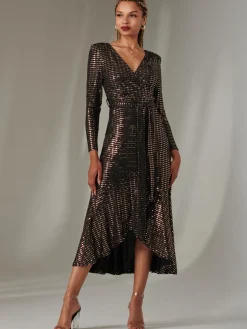 Long Sleeve Metallic Spot Maxi Dress, Black Rose Gold