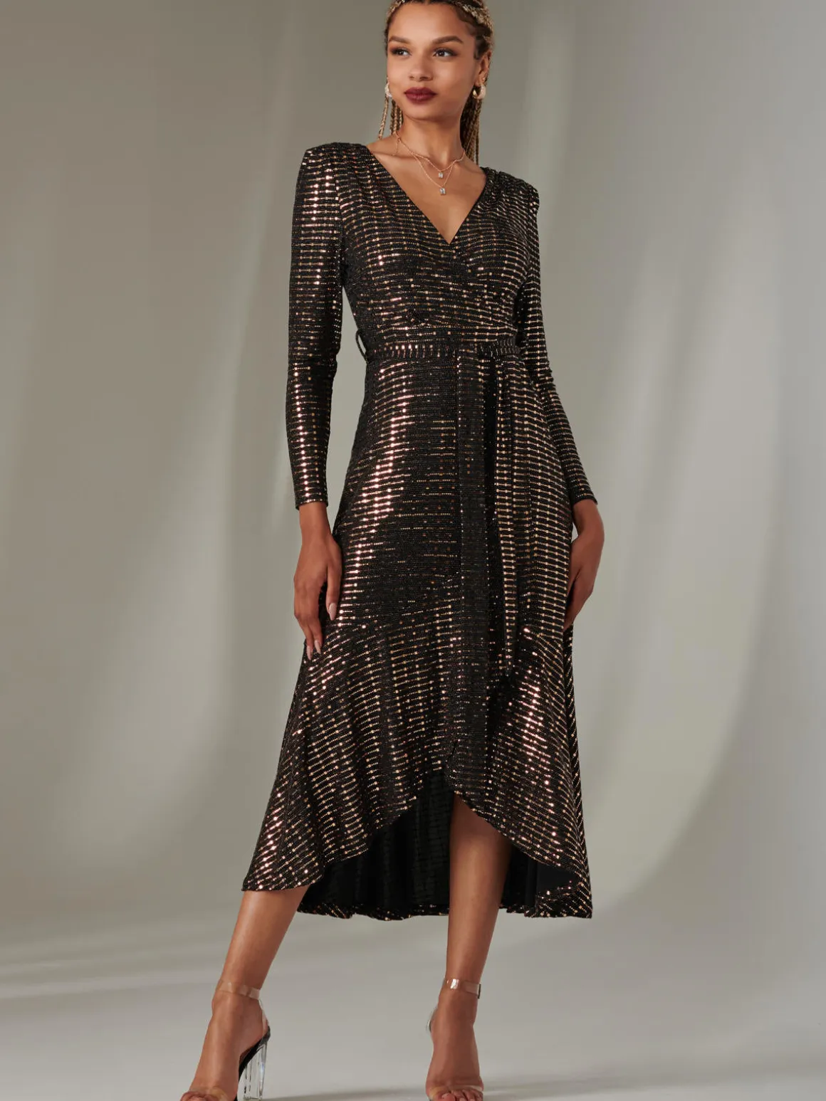 Long Sleeve Metallic Spot Maxi Dress, Black Rose Gold