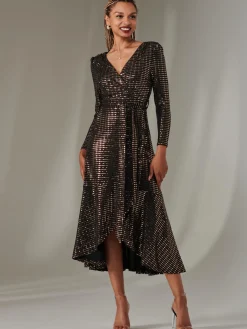 Long Sleeve Metallic Spot Maxi Dress, Black Rose Gold