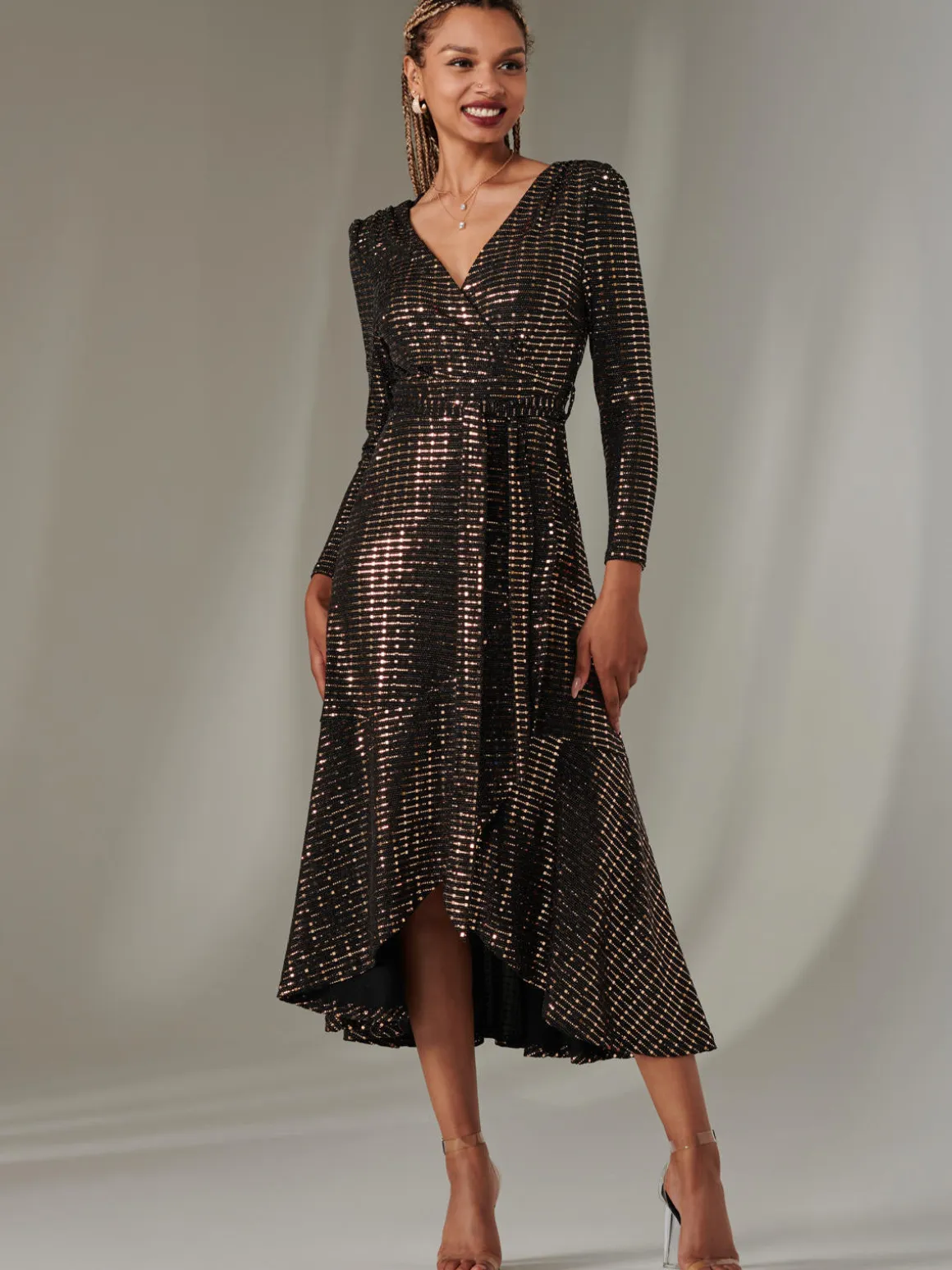 Long Sleeve Metallic Spot Maxi Dress, Black Rose Gold