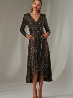 Long Sleeve Metallic Spot Maxi Dress, Black Rose Gold