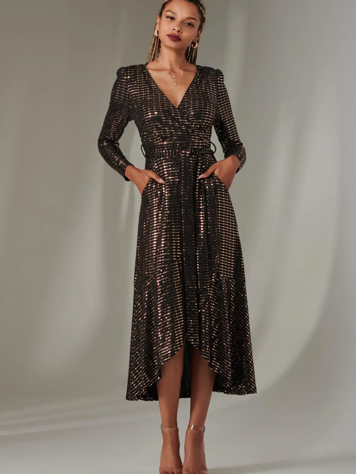 Long Sleeve Metallic Spot Maxi Dress, Black Rose Gold