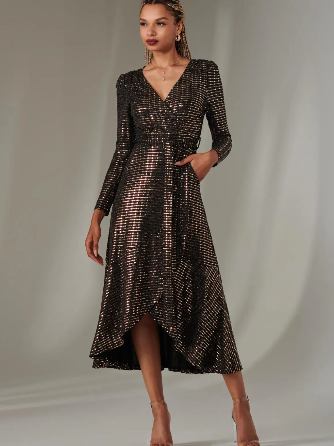 Long Sleeve Metallic Spot Maxi Dress, Black Rose Gold